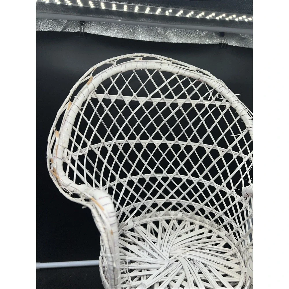 Vintage Mini Wicker Peacock Fan Back Rattan Chair Plant Stand Boho Decor 16
